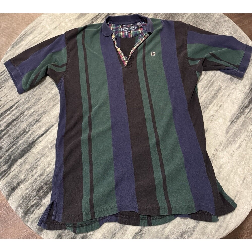 Vintage Siegfried 90s Y2K Mens L Black Green Striped Short Sleeve Thick Stripes